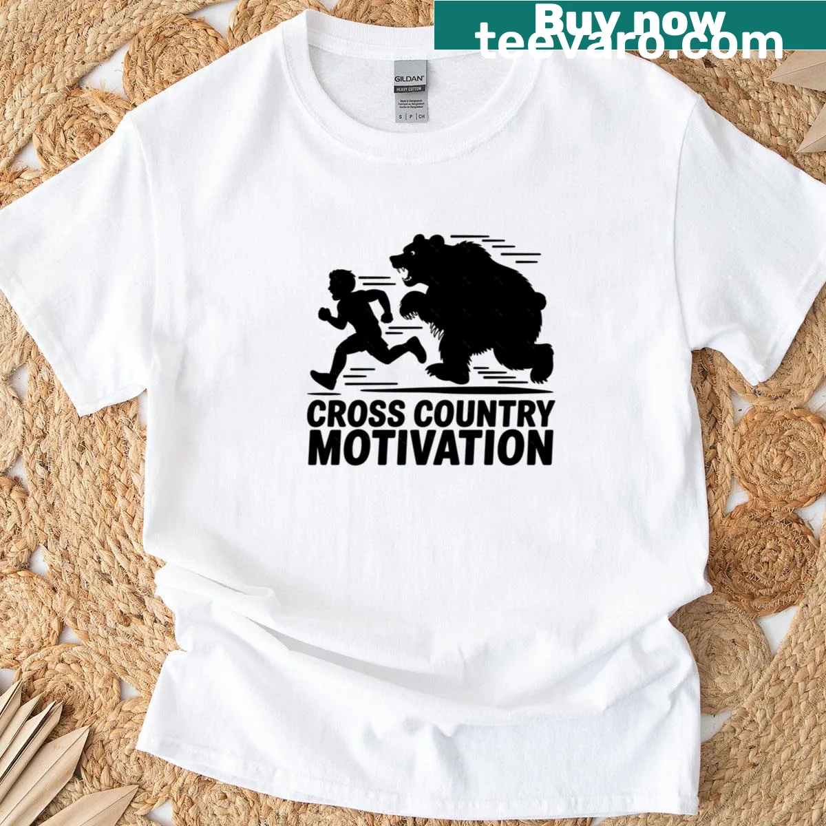 Illustration of a bear chasing a runner on a motivational cross country t-shirt — on a men's t-shirt
