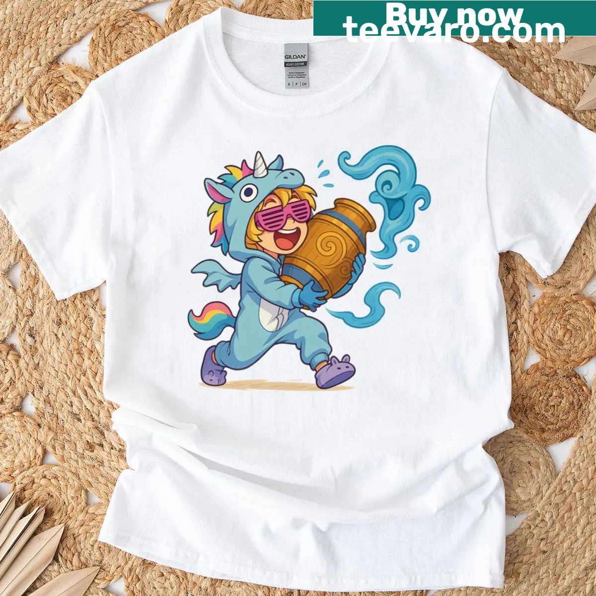 Cartoon Aquarius character in unicorn pajamas — on a men's t-shirt