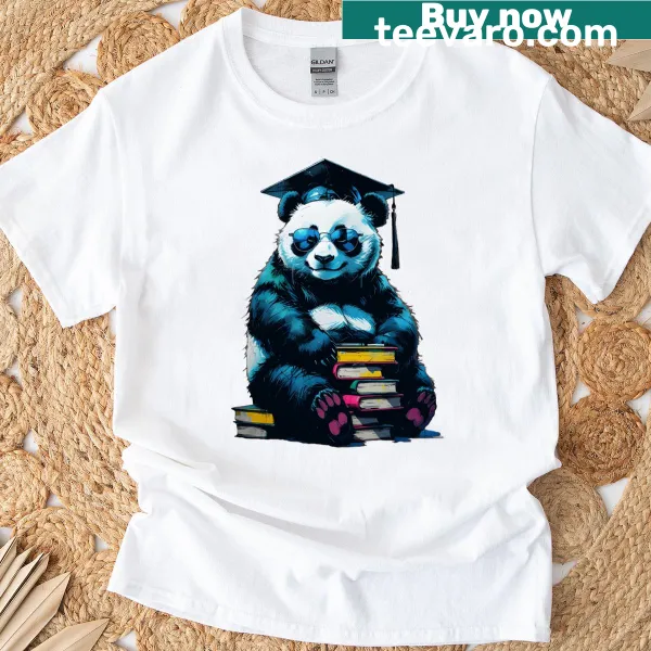 Nerdy panda wearing graduation hat graphic on a t-shirt