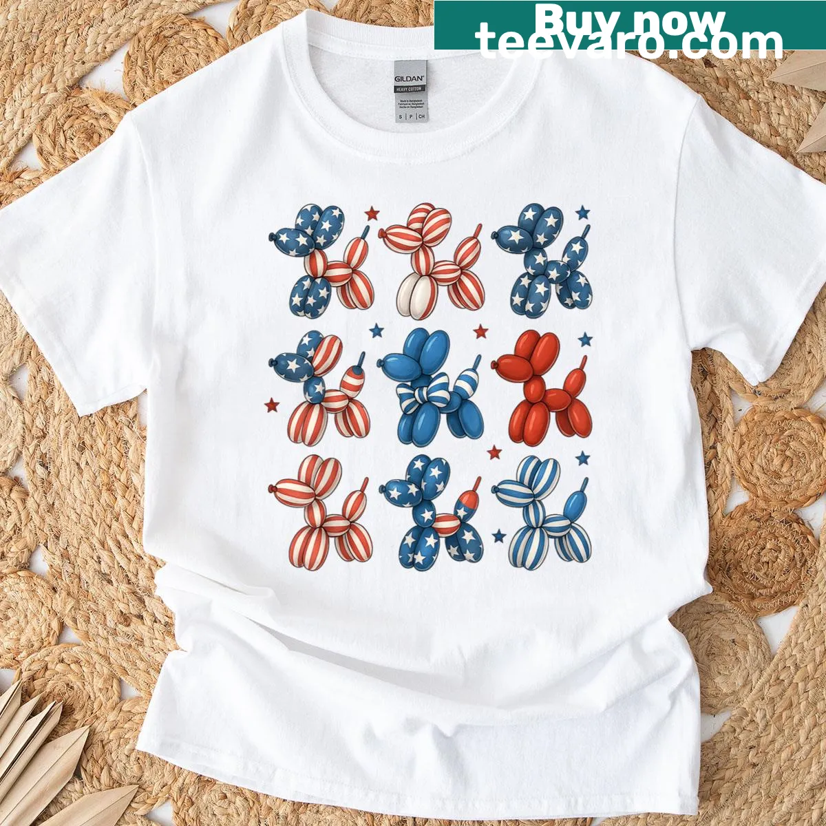 Patriotic T-shirt for kids featuring a balloon dog with American flag — on a men's t-shirt