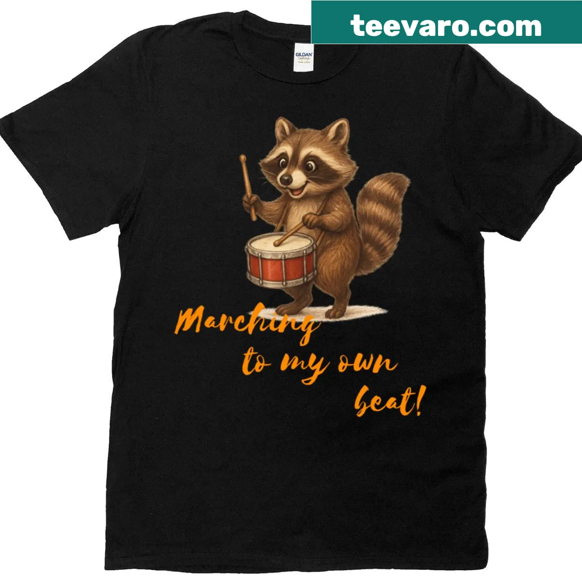 Playful raccoon playing drum on an oversized T-shirt — on a men's t-shirt