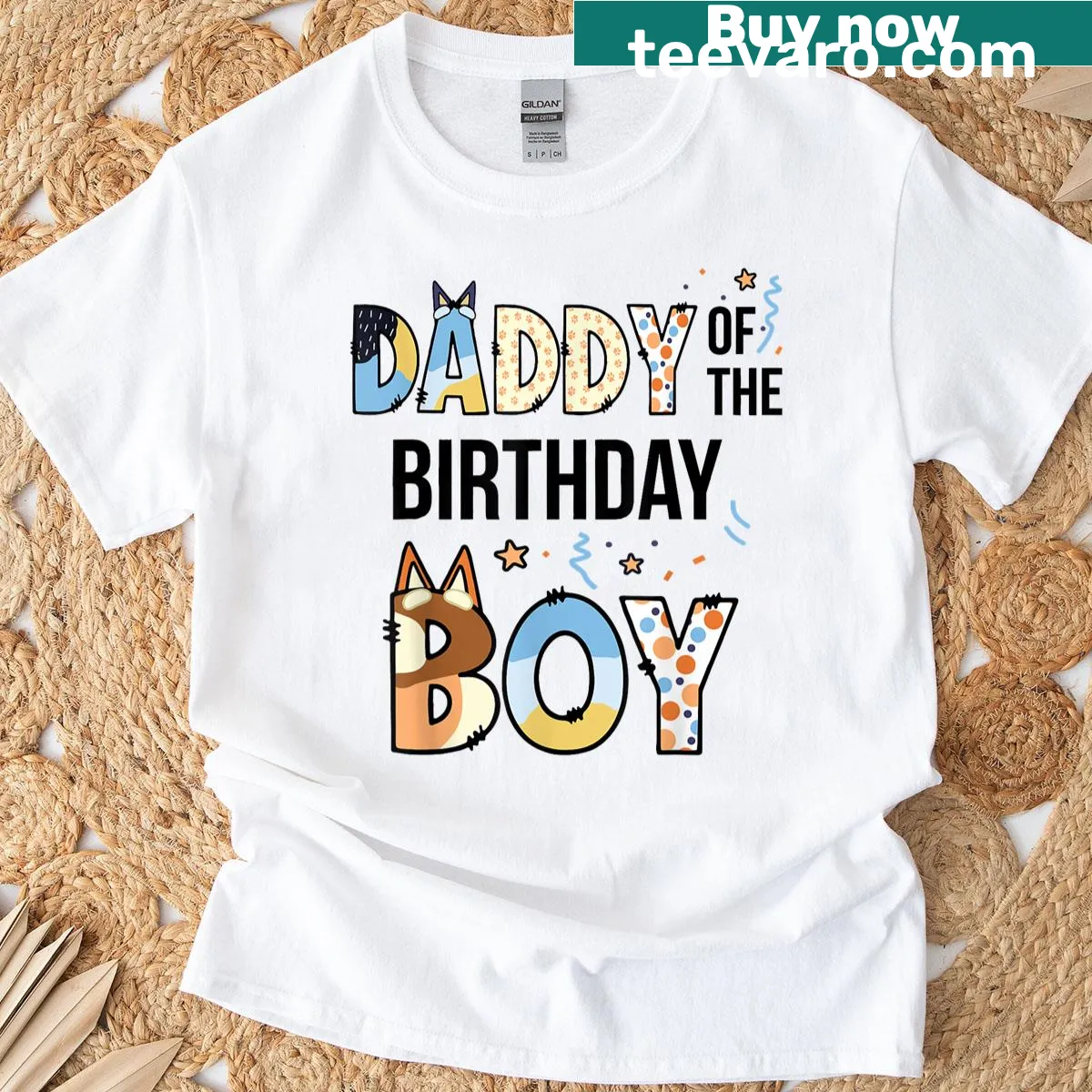Funny Daddy of the Birthday Boy t-shirt with dog illustration and typography. — on a men's t-shirt