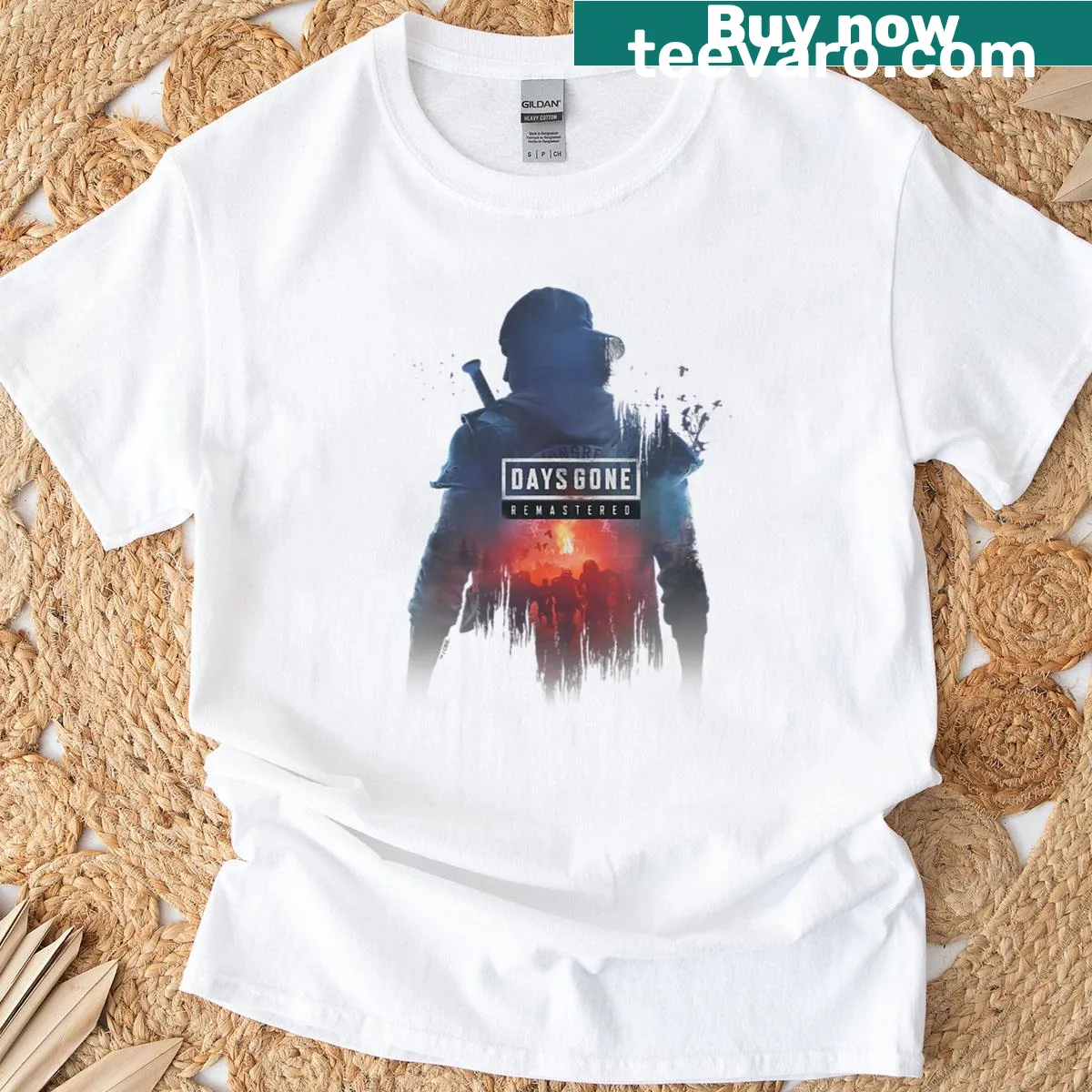 Days Gone graphic t-shirt featuring a motorcycle and character in battle. — on a men's t-shirt