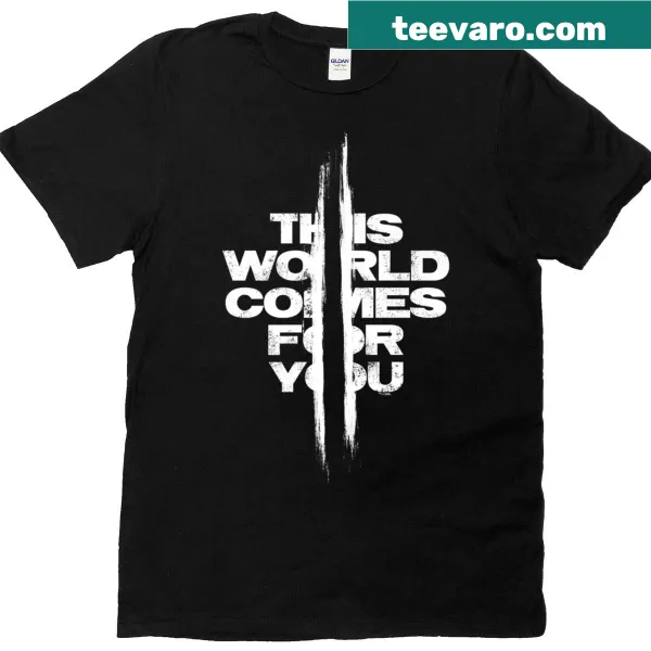 Distressed logo t-shirt with text 'This World Comes For You' on chest
