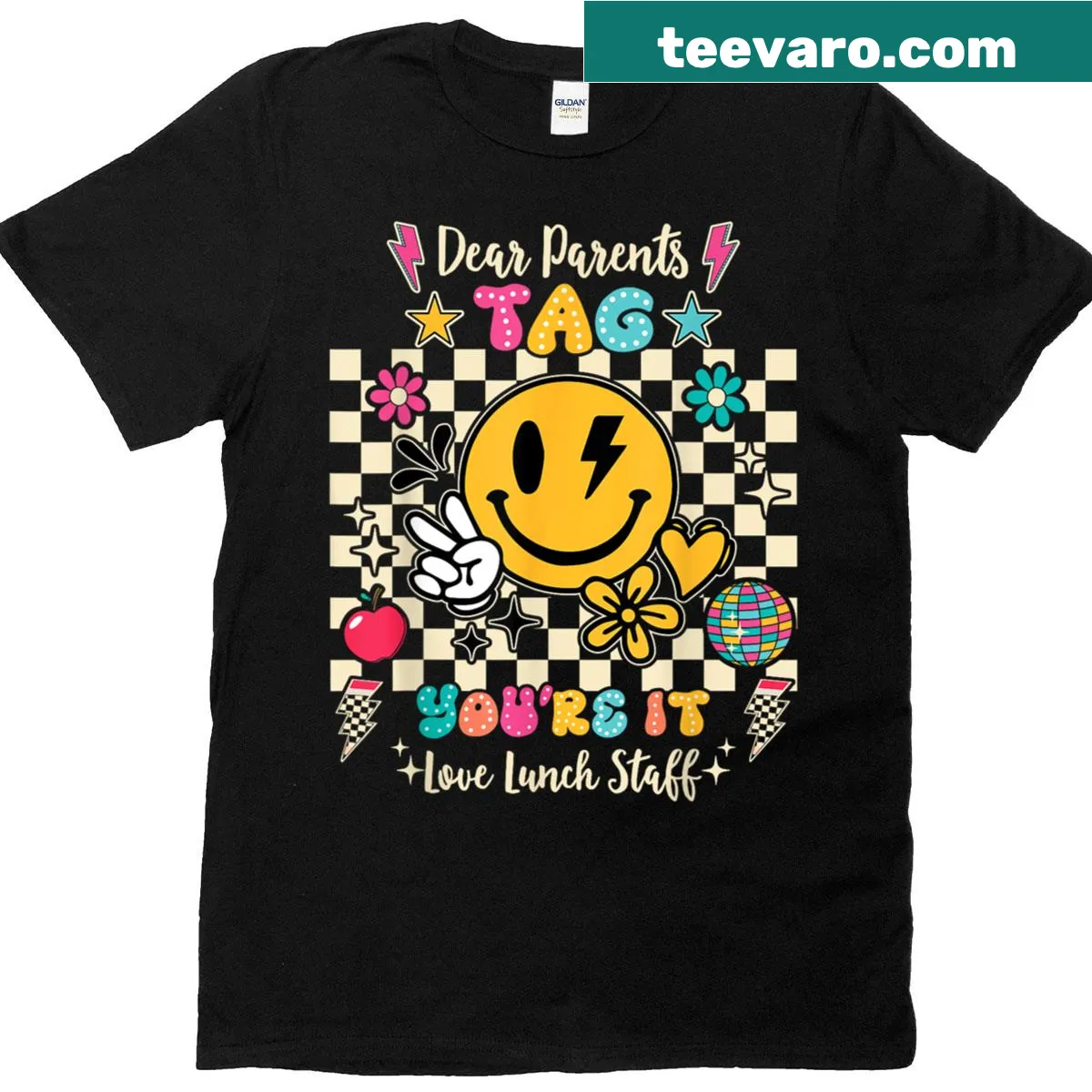 T-shirt with the phrase 'Tag You're It!' in a playful font for lunch staff — on a men's t-shirt