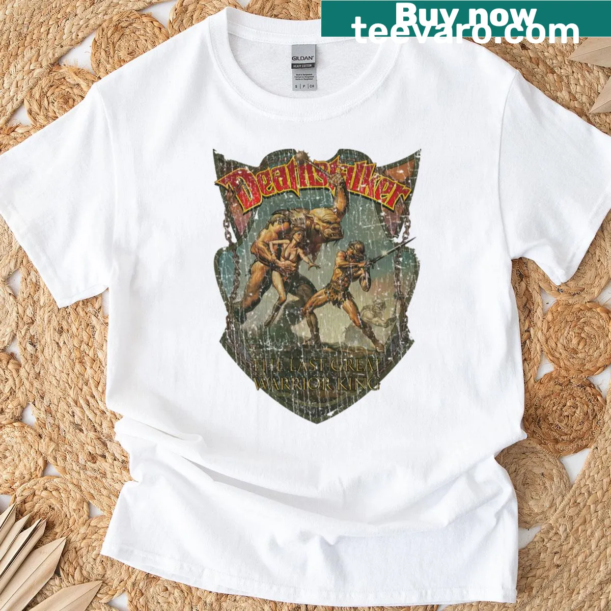 Vintage-inspired Deathstalker t-shirt featuring 1983 film graphic. — on a men's t-shirt