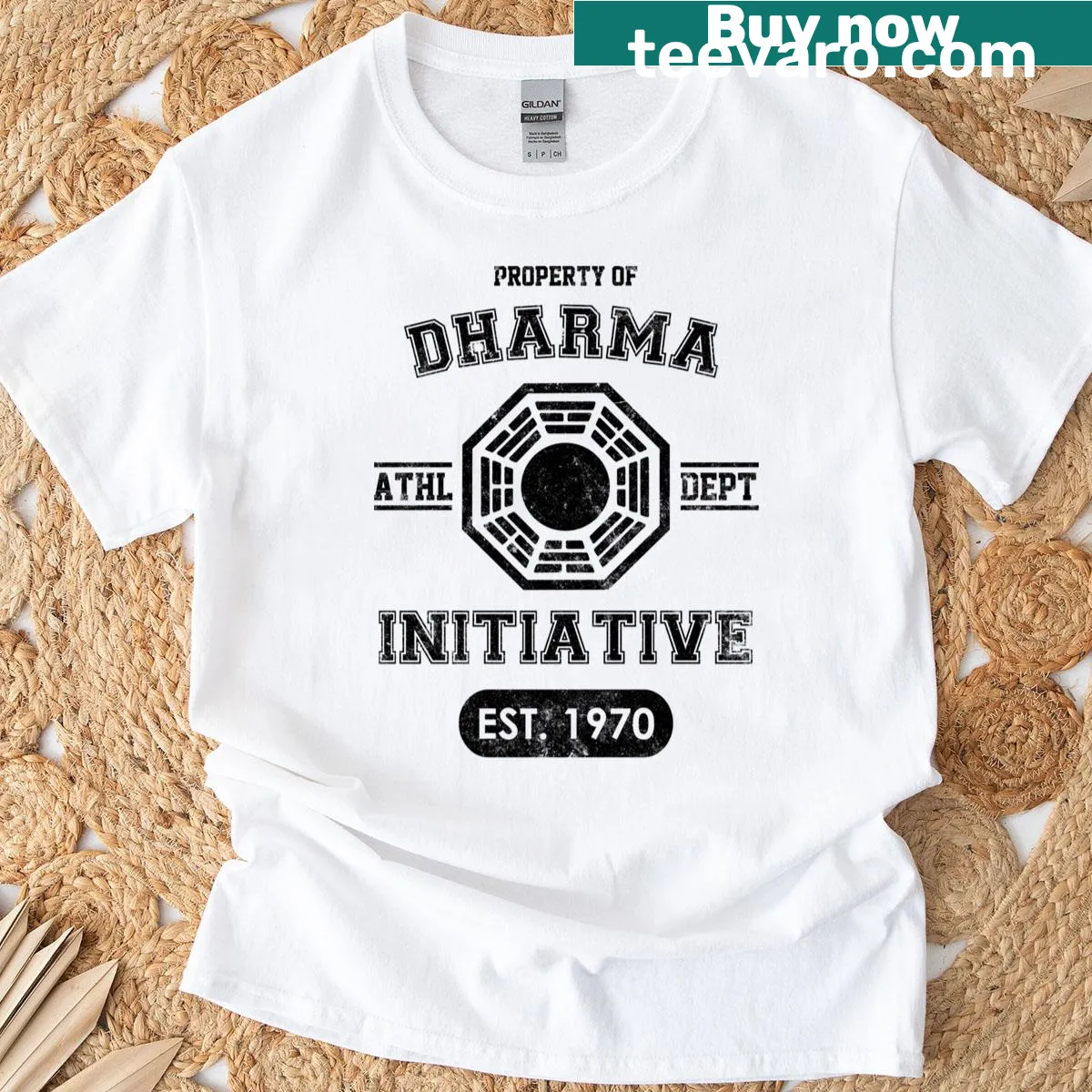 Minimalist Dharma Initiative badge t-shirt design. — on a men's t-shirt