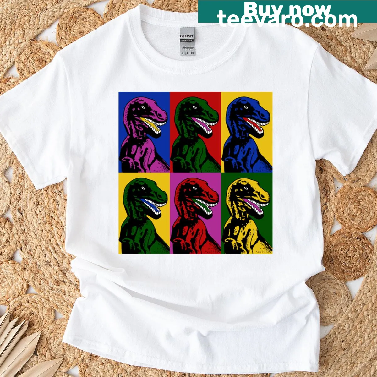 Pop art style dinosaur illustrations on a T-shirt — on a men's t-shirt
