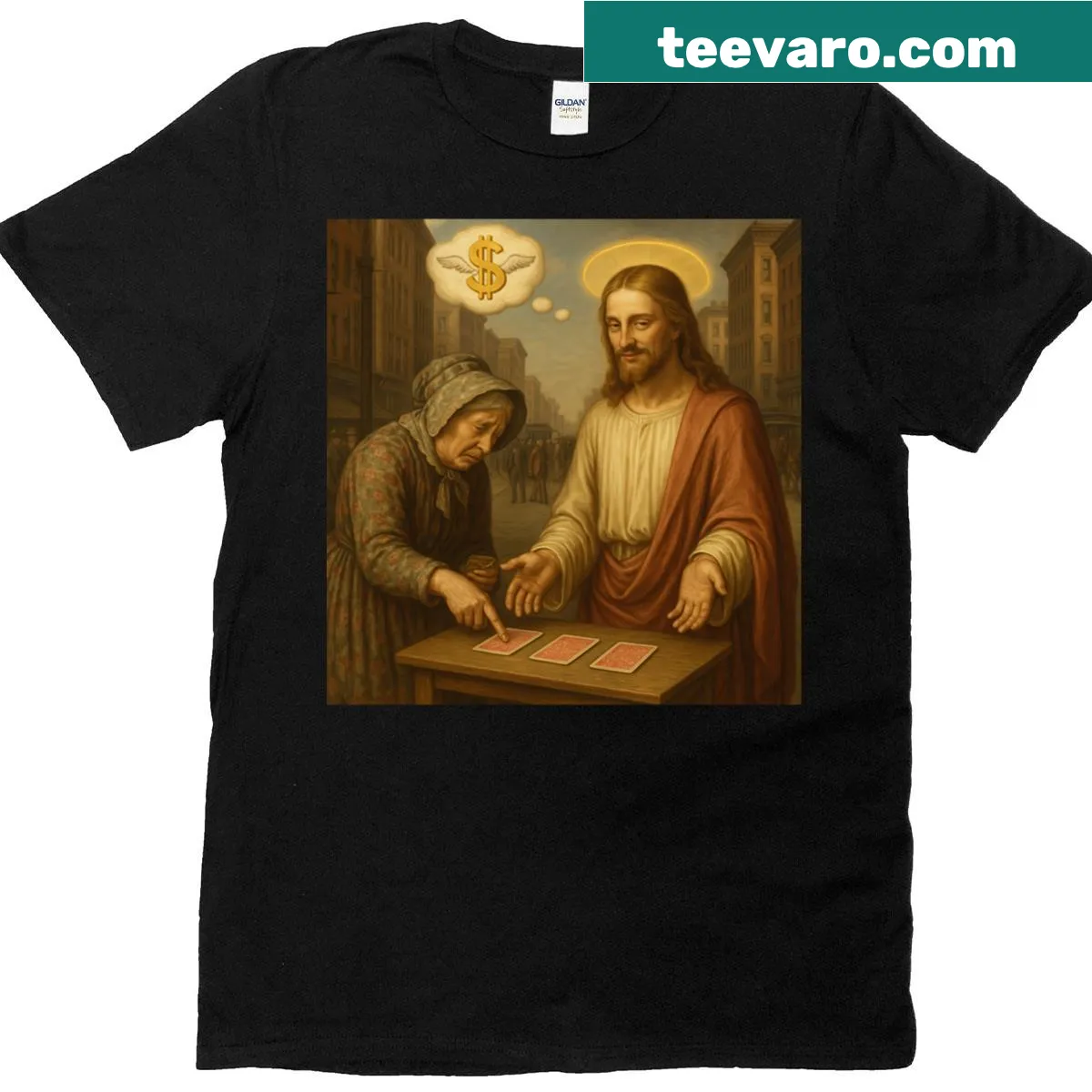 Edgy oversized t-shirt featuring '3 Card Monte' typography — on a men's t-shirt
