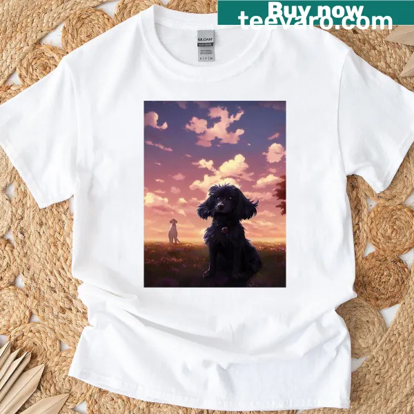 Anime-style dog in a field graphic on a t-shirt