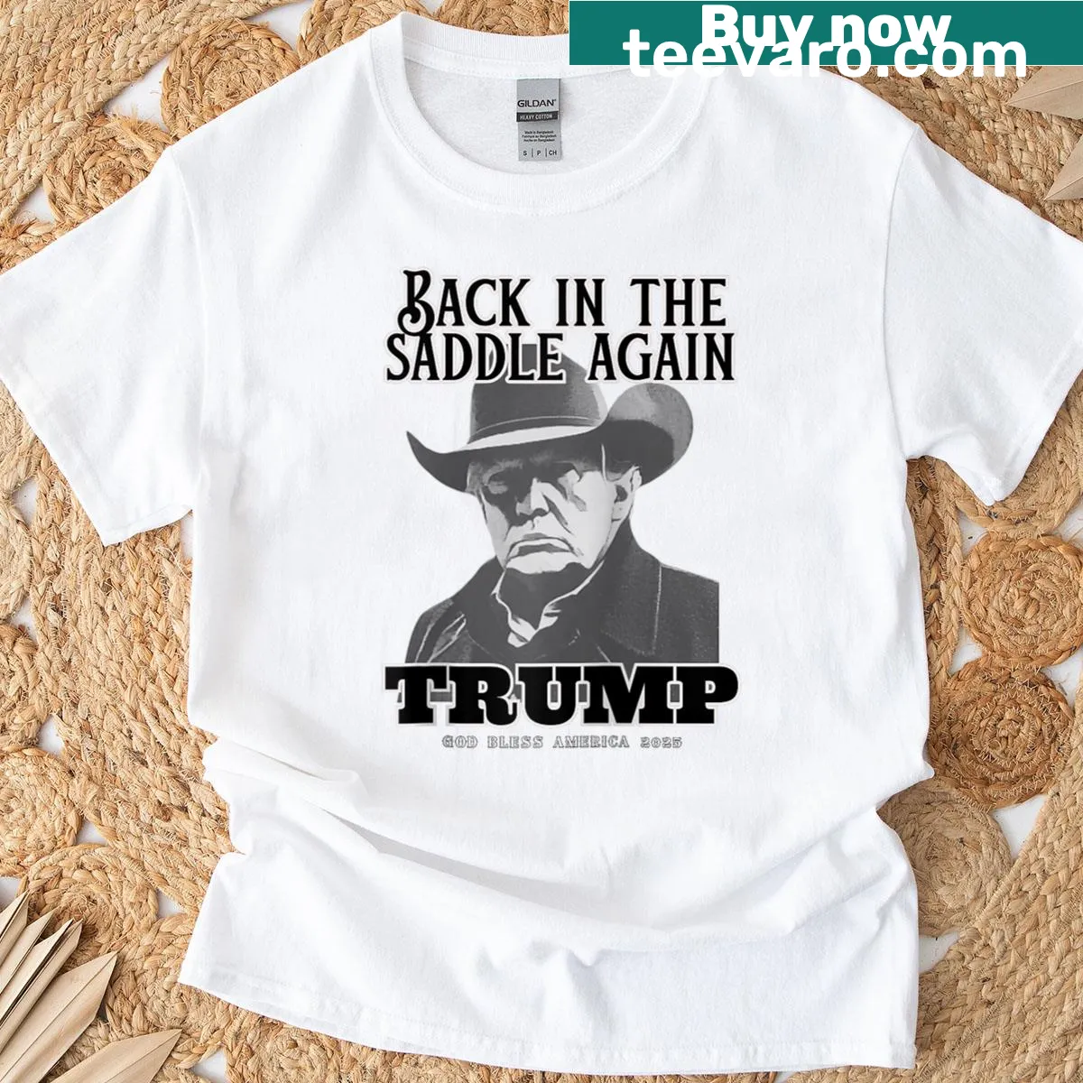 Cowboy-themed political T-shirt with bold graphic — on a men's t-shirt