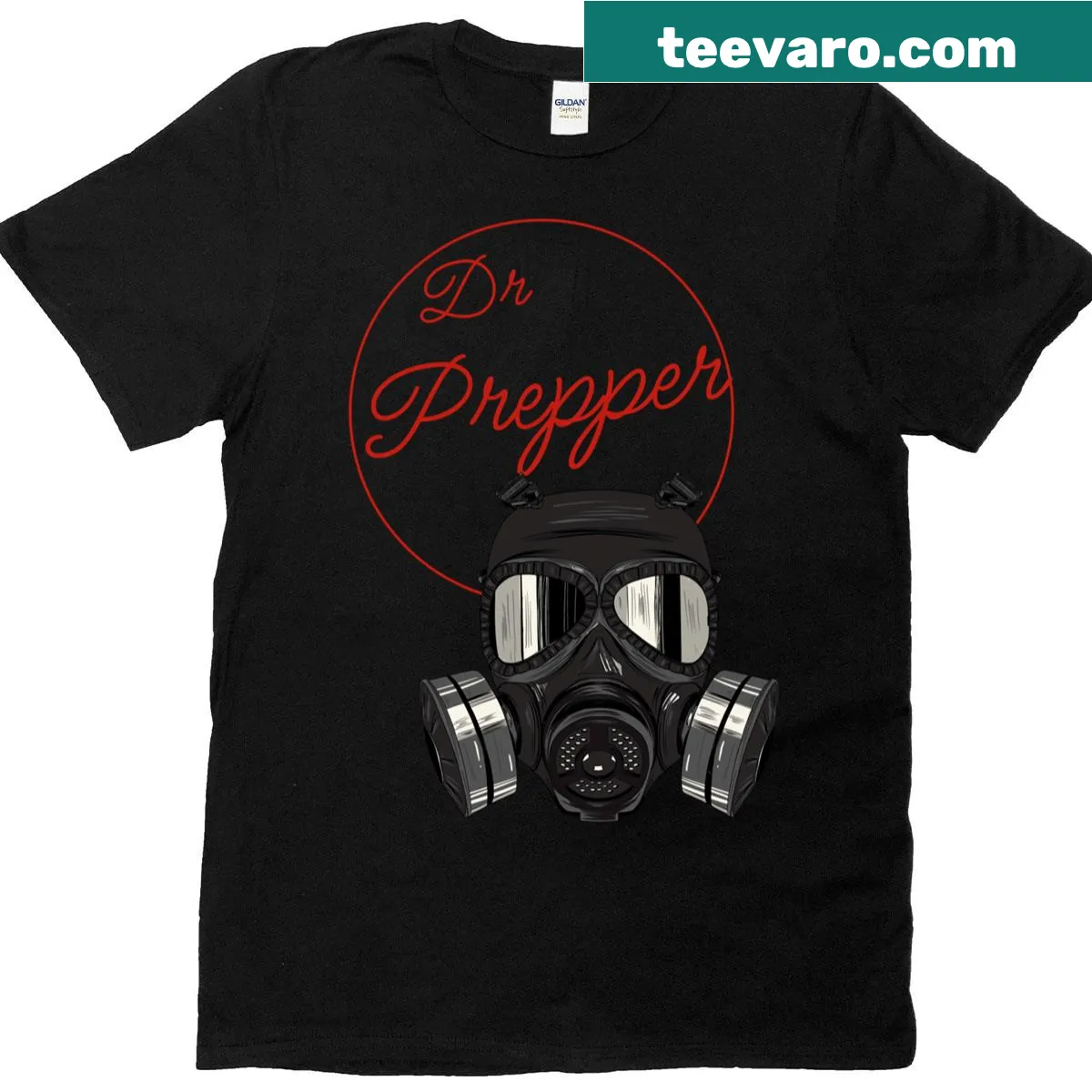 T-shirt featuring a whimsical gas mask illustration — on a men's t-shirt
