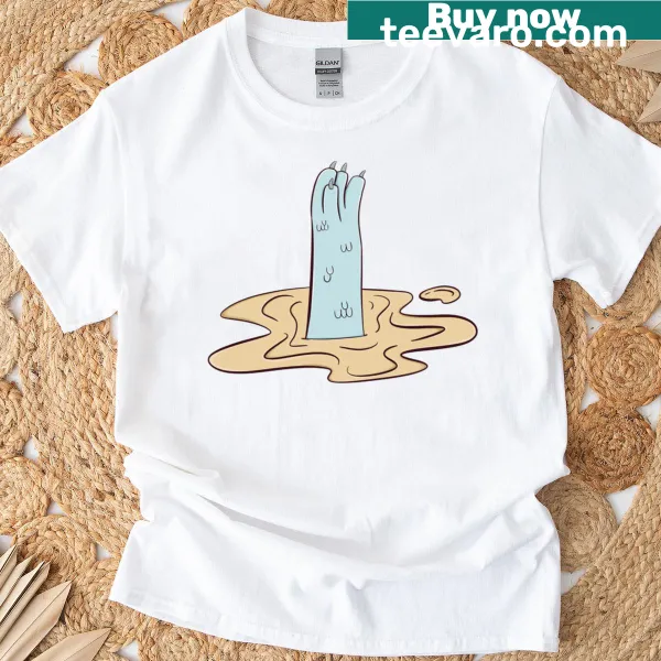 Illustration of a dragon struggling in quicksand on a t-shirt.