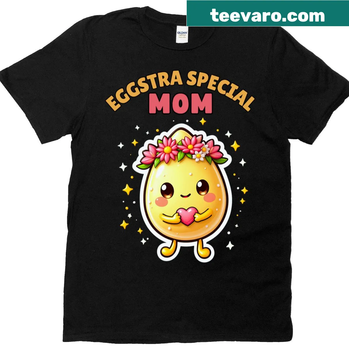 Cute kawaii egg character T-shirt with 'Eggstra Special Mom' text — on a men's t-shirt