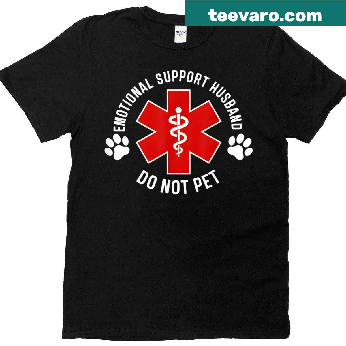 Funny T-shirt stating 'Emotional Support Husband Do Not Pet' — on a men's t-shirt
