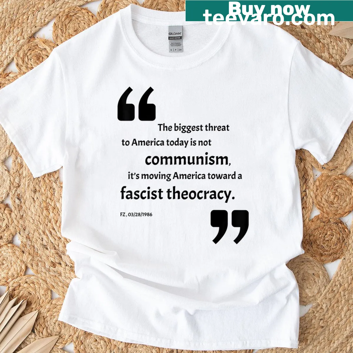 Edgy typography tee with a 1986 political quote. — on a men's t-shirt