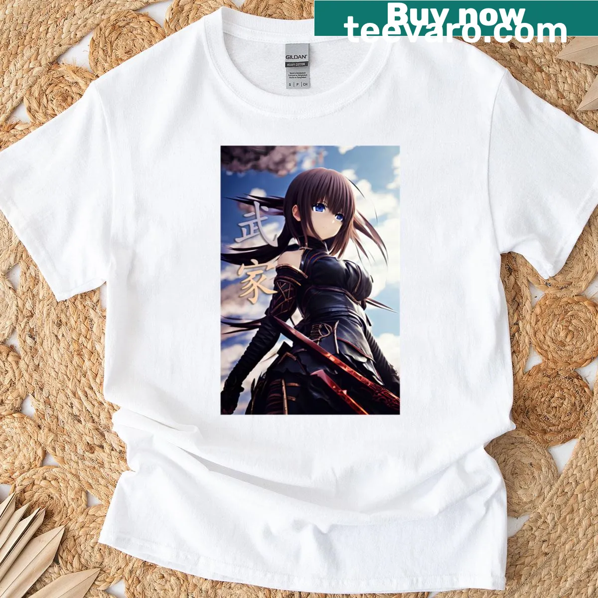 Illustration of a female anime warrior on a T-shirt — on a men's t-shirt