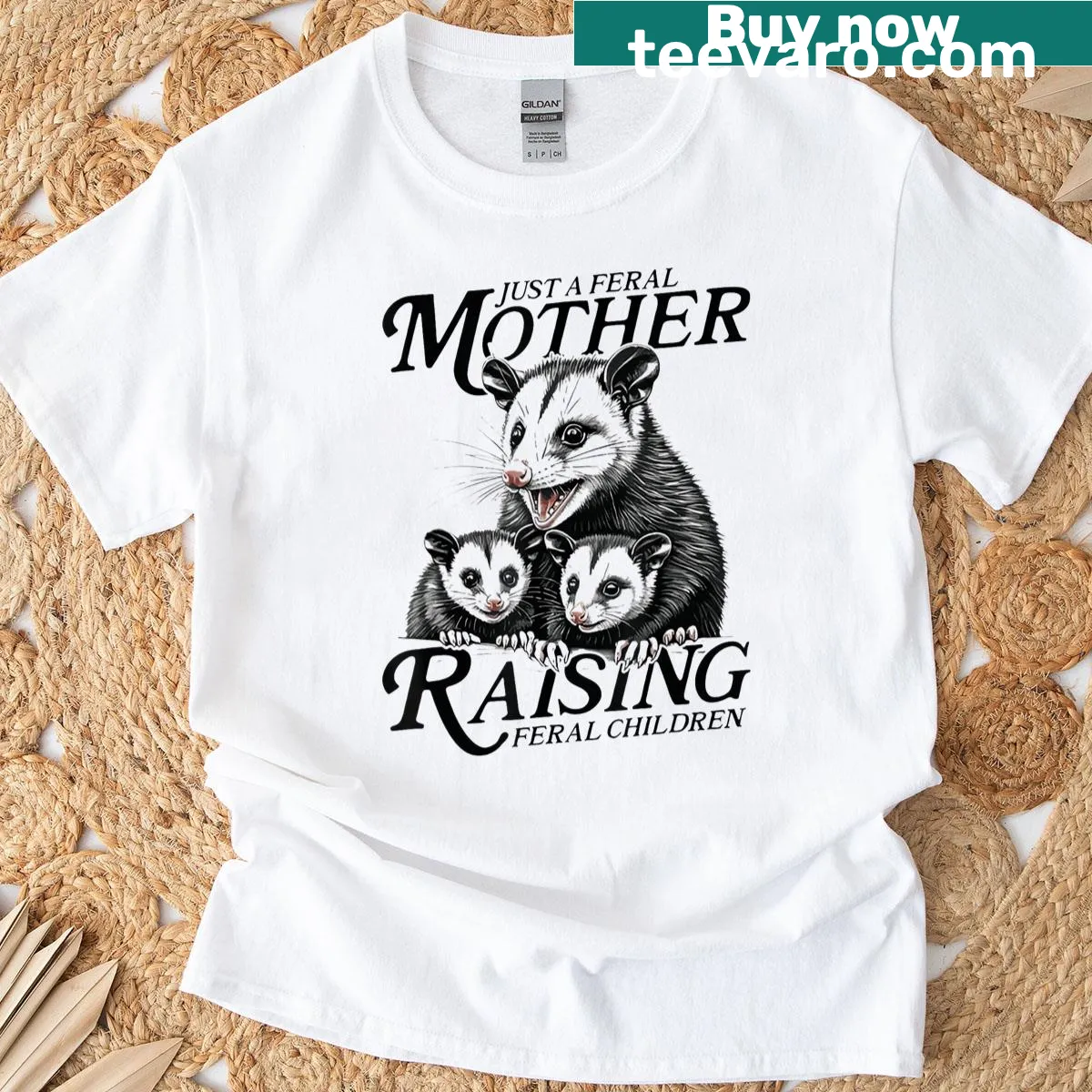 Funny T-shirt featuring an opossum with the phrase Feral Mom Opossum — on a men's t-shirt