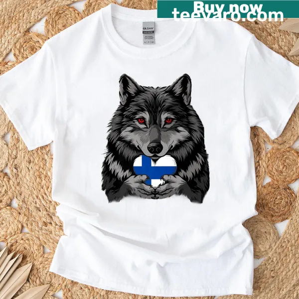 Wolf and heart design with Finland flag symbolizing Finnish pride