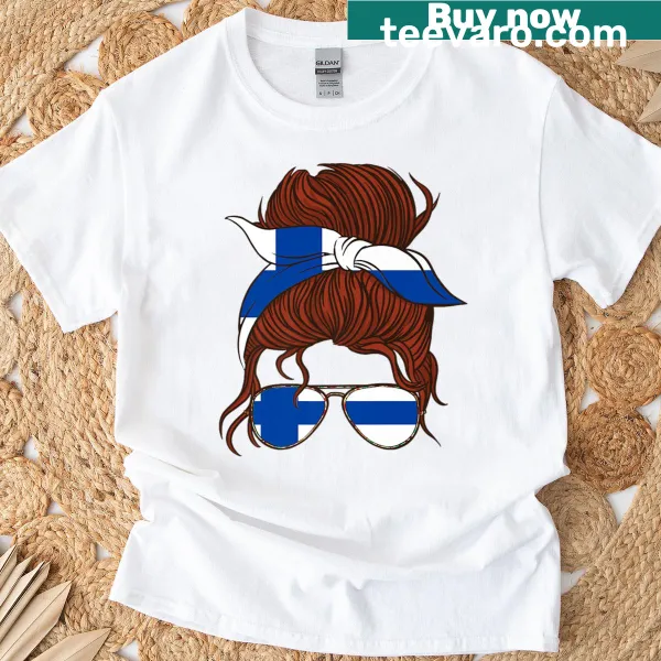 Finland Flag t-shirt featuring a woman with messy hair bun and flag design