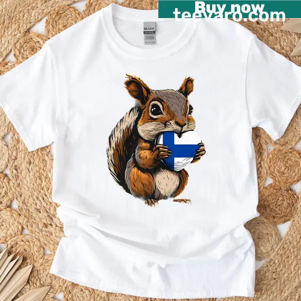 Finland flag T-shirt featuring a heart and squirrel graphic.