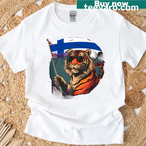 Finland flag T-shirt featuring a tiger graphic.
