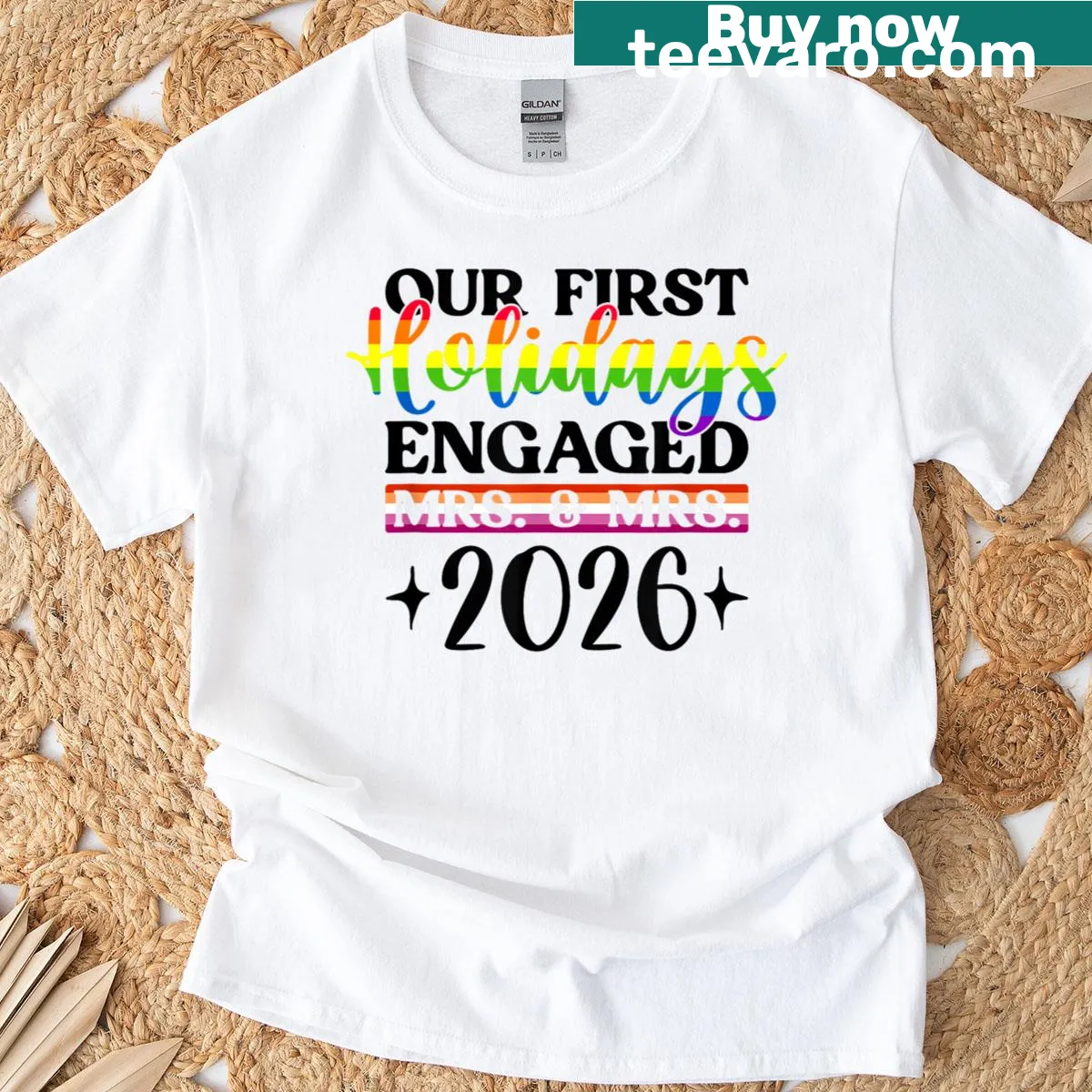 Engaged holiday t-shirt with 'First Holidays Engaged' text — on a men's t-shirt