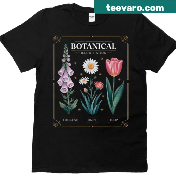 Vintage flower arrangement t-shirt with foxglove, daisy, and tulip