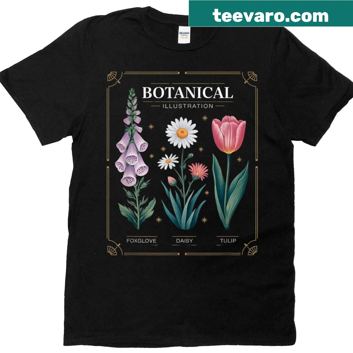 Vintage flower arrangement t-shirt with foxglove, daisy, and tulip — on a men's t-shirt