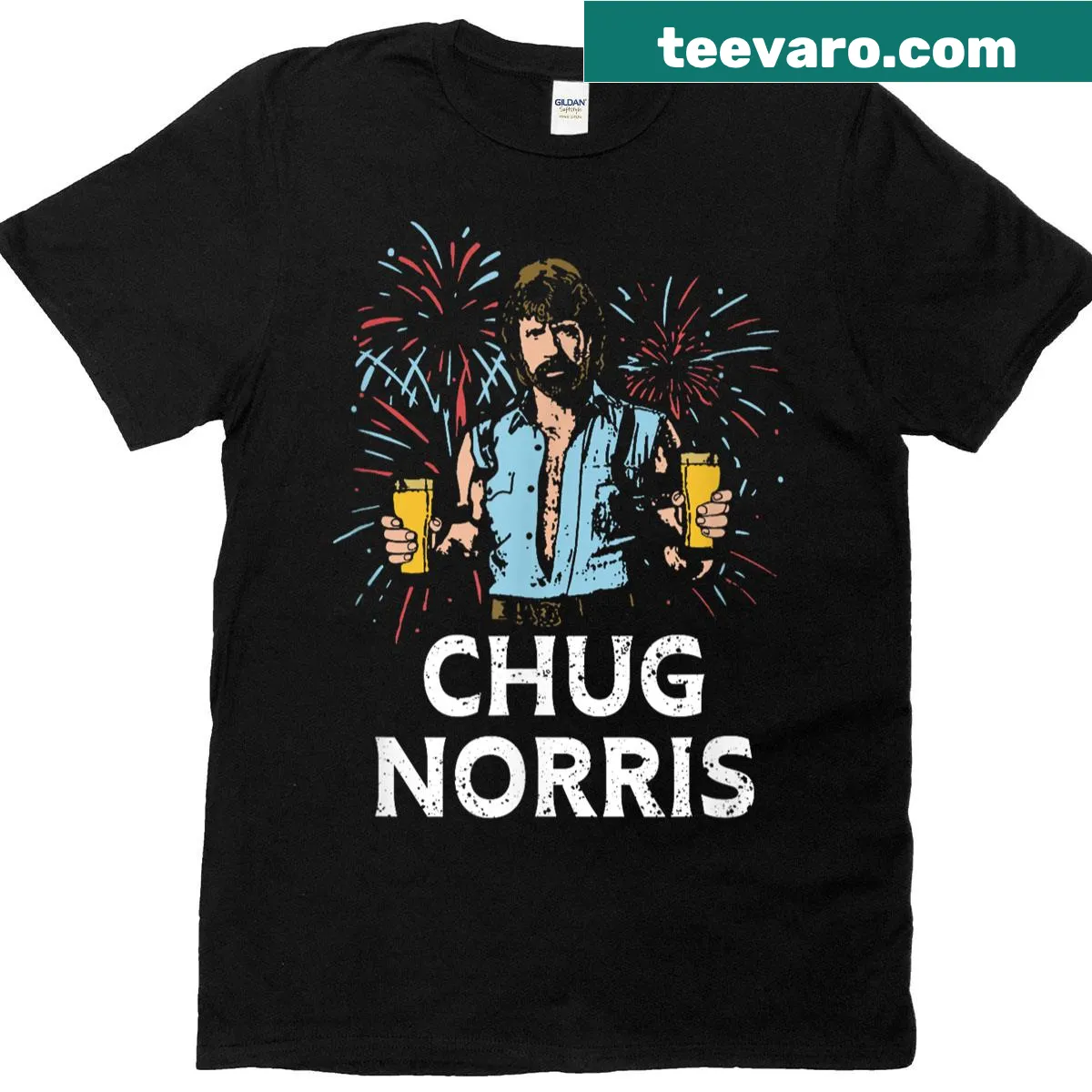 Humorous 4th of July themed typography featuring Chug Norris — on a men's t-shirt