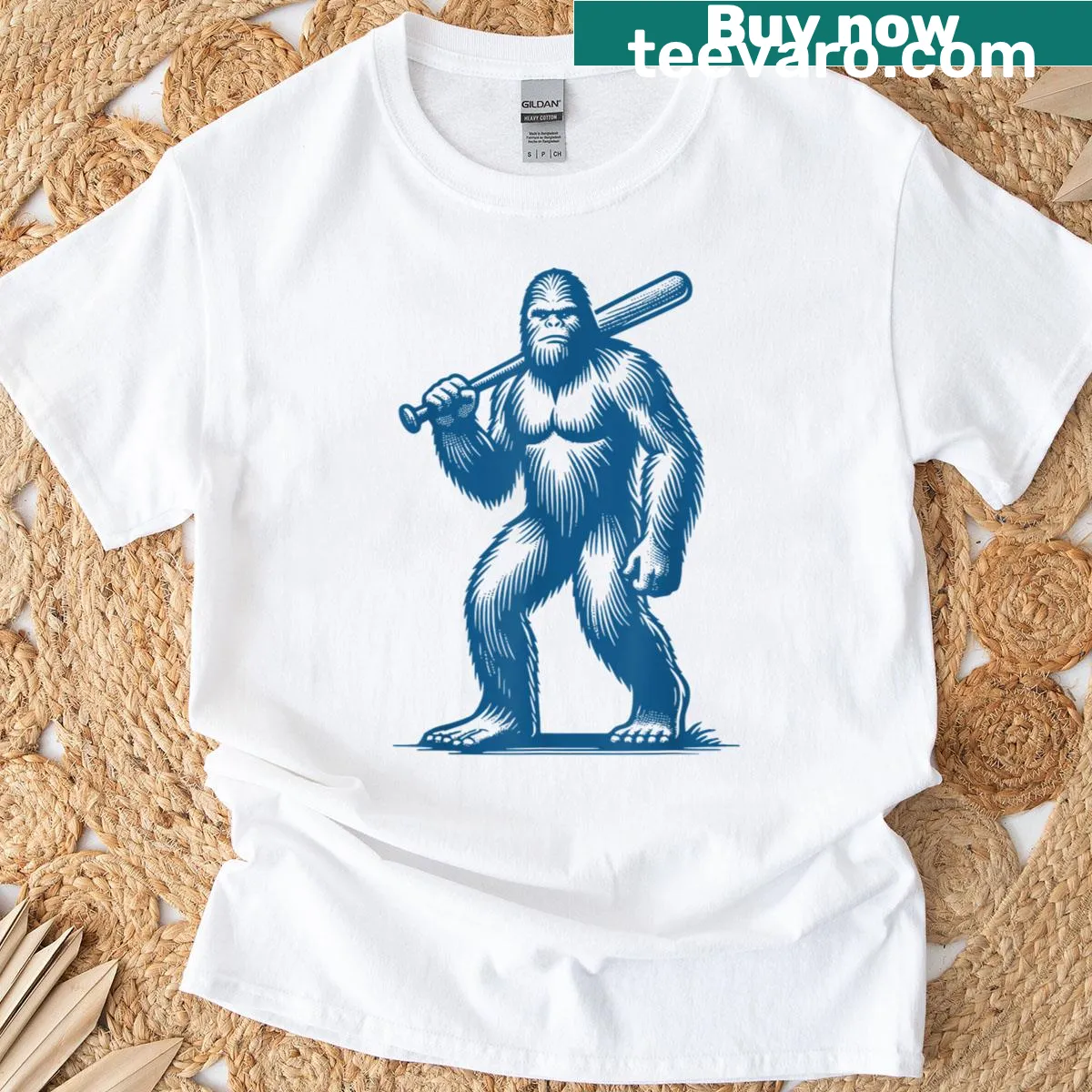 Illustration of Bigfoot as a baseball player swinging a bat — on a men's t-shirt