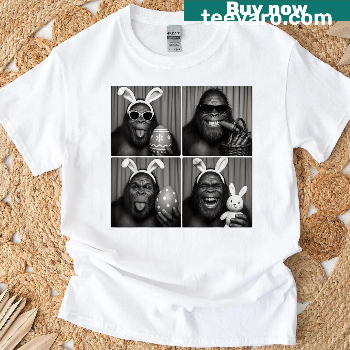 Bigfoot in a photo booth with Easter eggs, humorous design — on a men's t-shirt