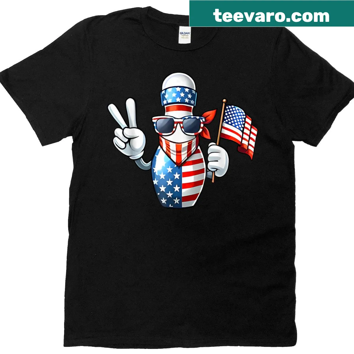 Bowling pin design with American flag for July 4th — on a men's t-shirt