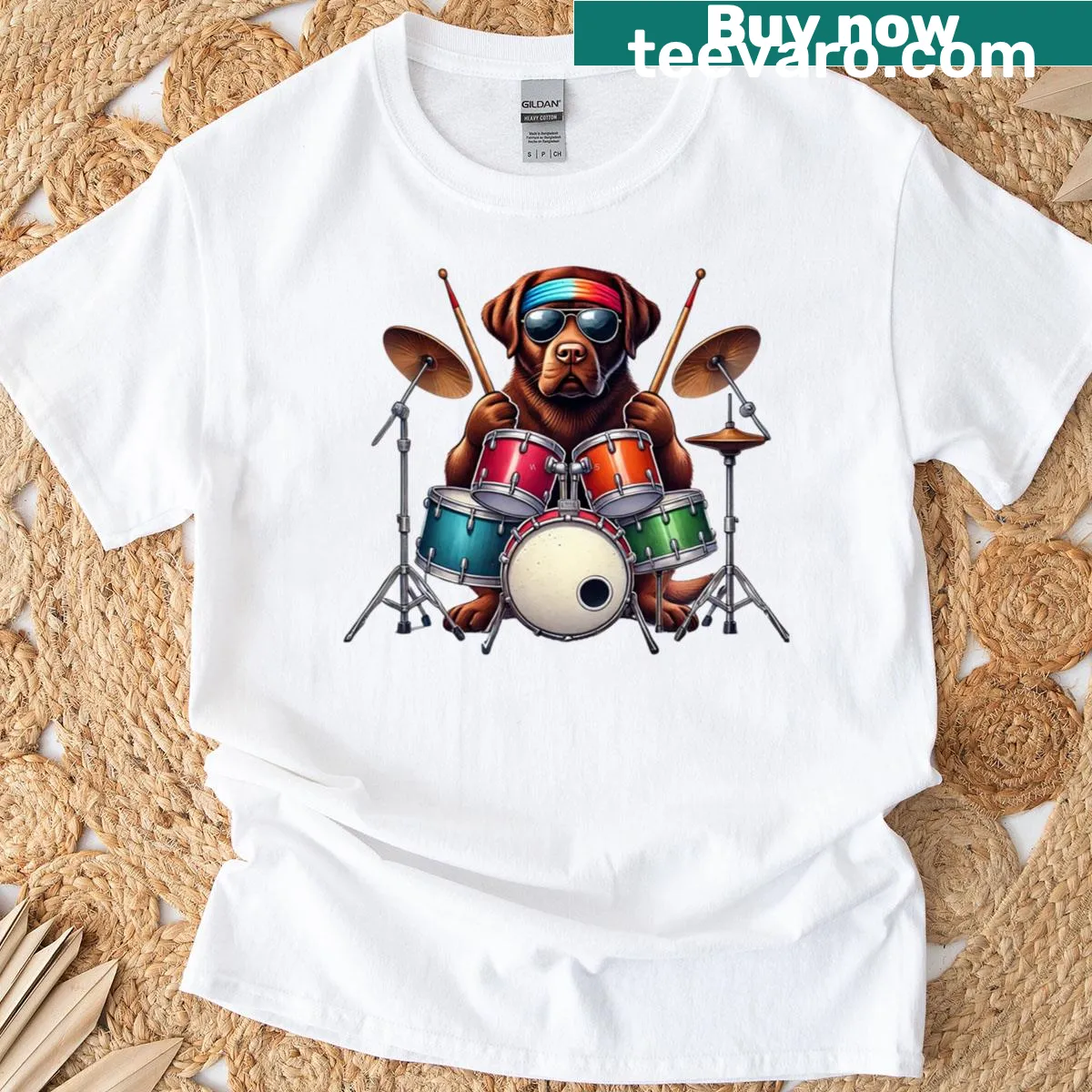 Cute brown Labrador dog playing drums in a humorous graphic — on a men's t-shirt