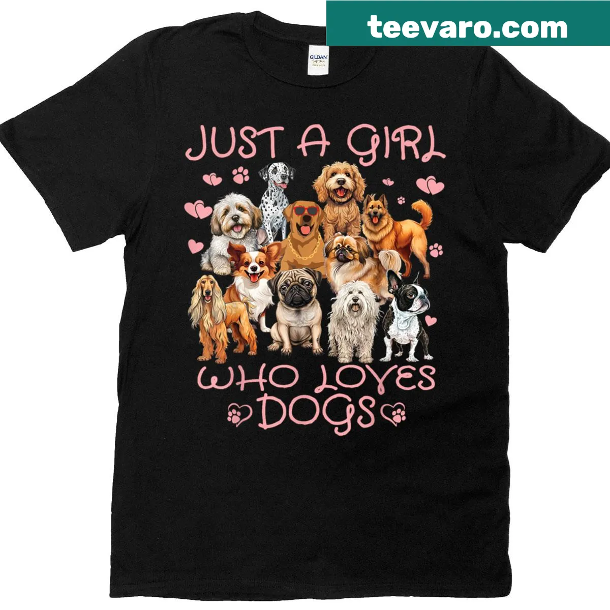 Illustration of different dog breeds with text 'Just A Girl Who Loves Dogs' — on a men's t-shirt
