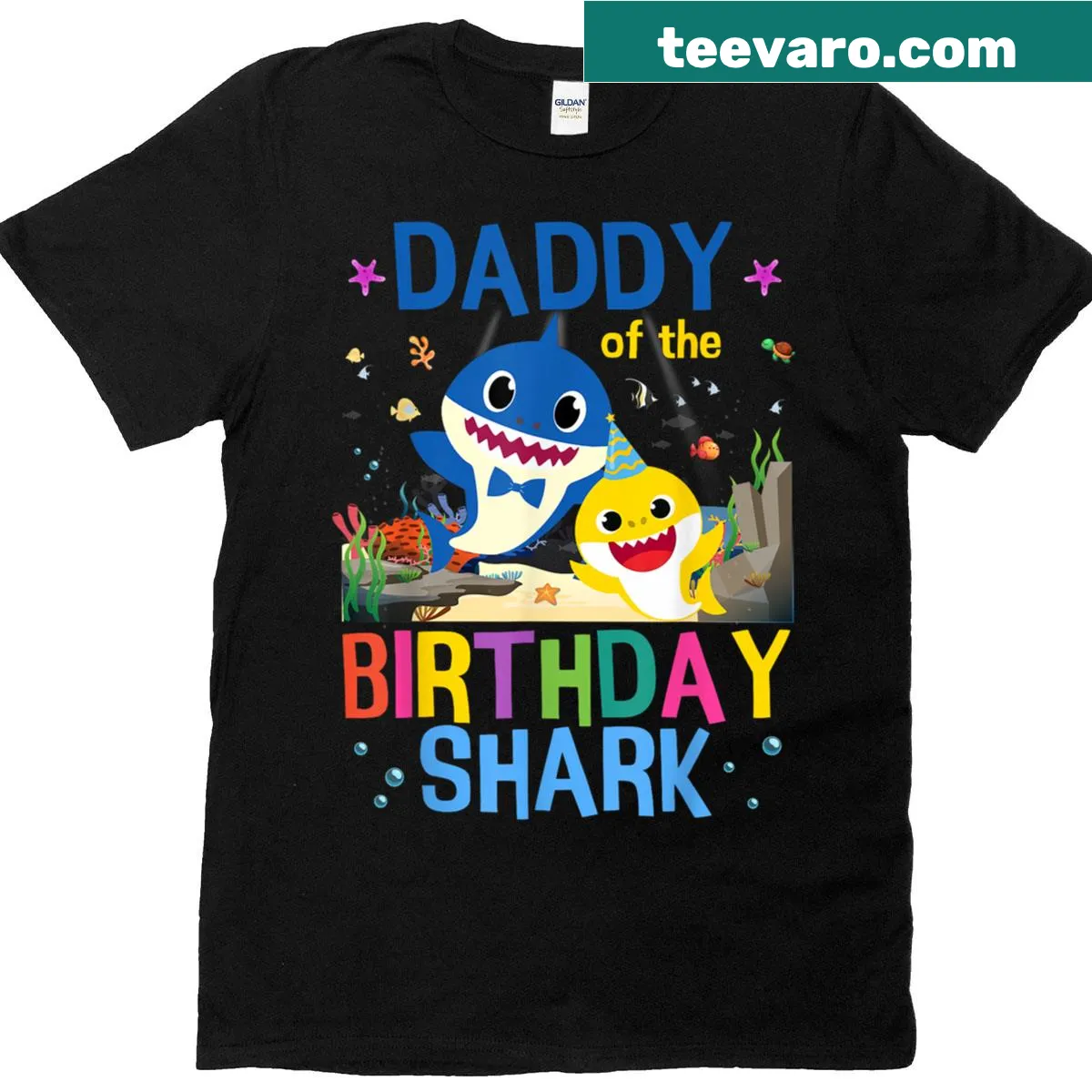 Cartoon shark-themed kids birthday t-shirt — on a men's t-shirt