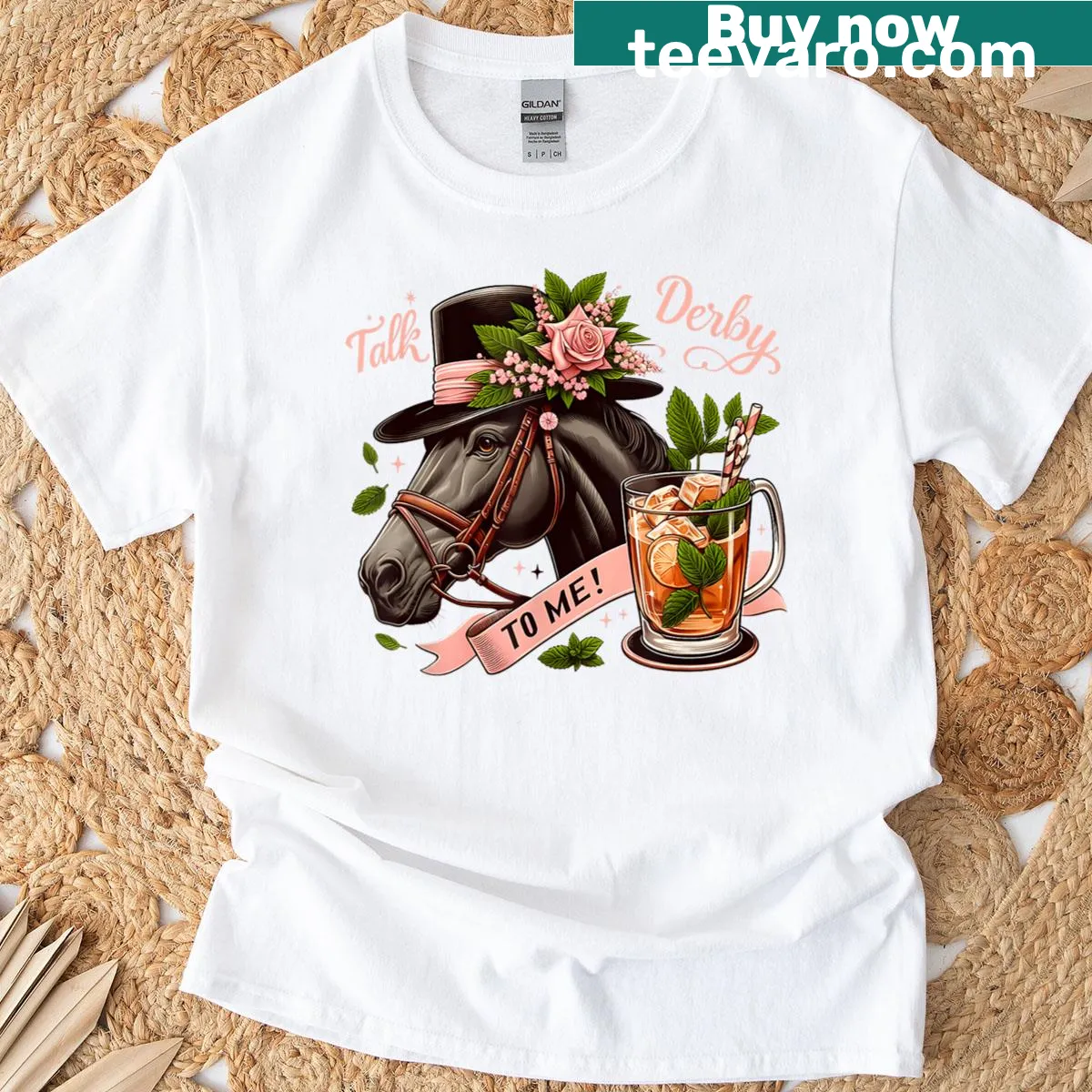 Humorous Derby Day t-shirt with mint juleps and horse racing graphic — on a men's t-shirt