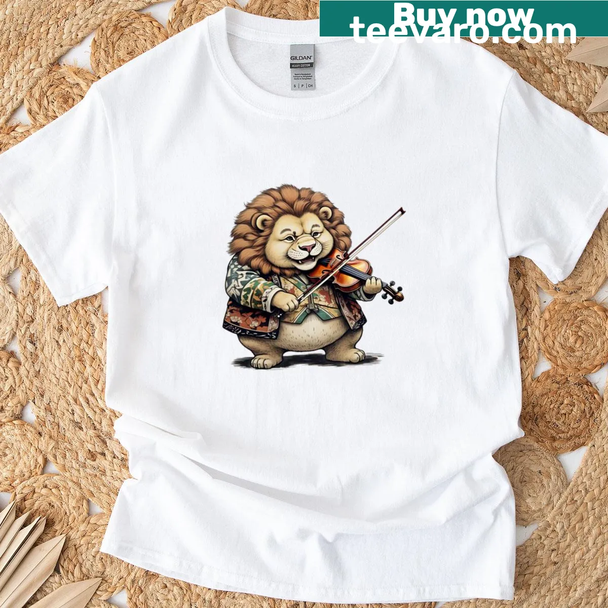Cute fat lion playing violin in a humorous design — on a men's t-shirt
