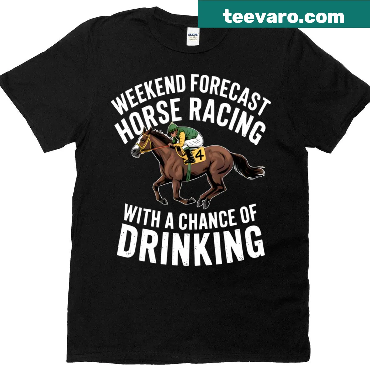Graphic of horses racing with humorous weekend drinking theme — on a men's t-shirt