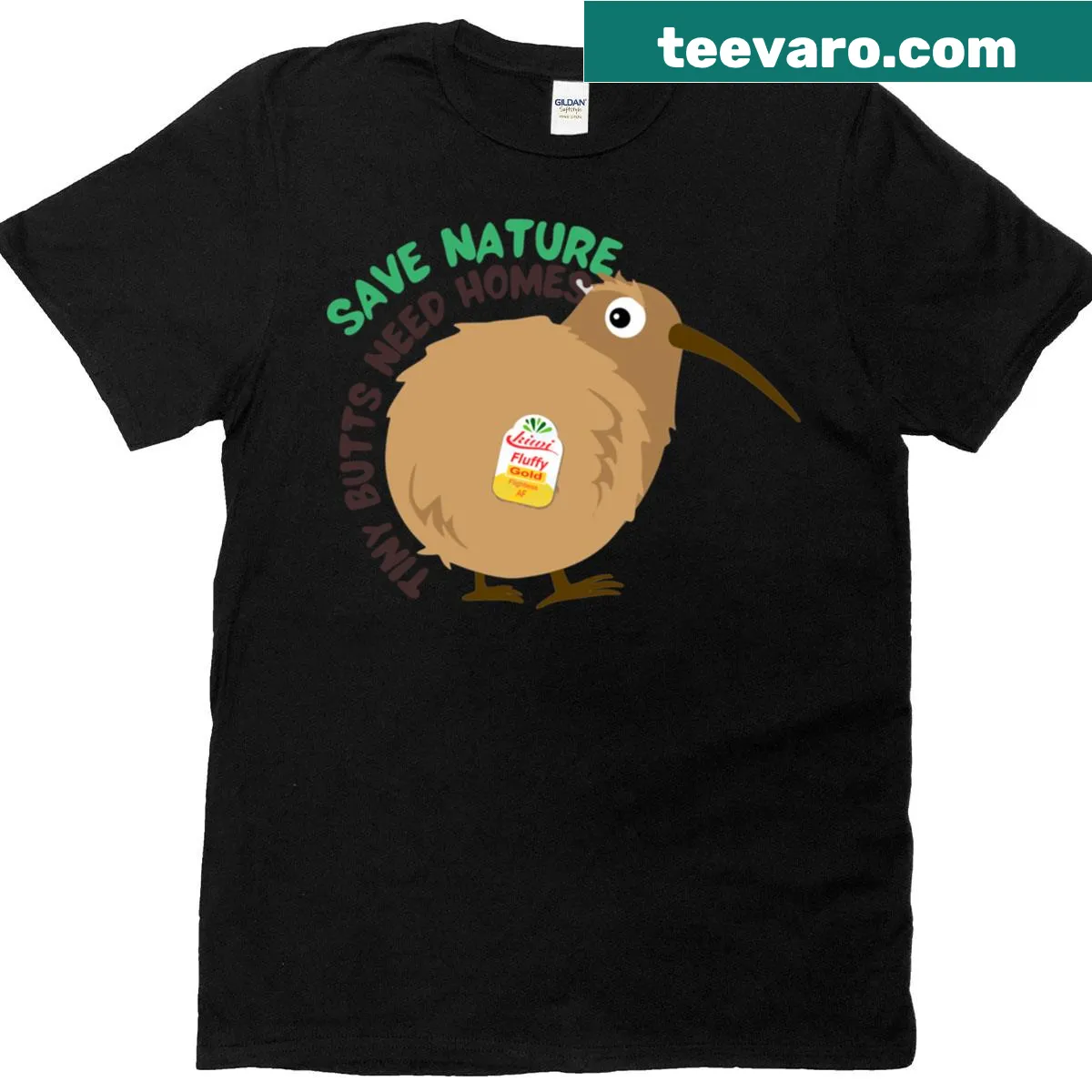 Cartoon style Kiwi bird with humorous butt design promoting nature conservation — on a men's t-shirt