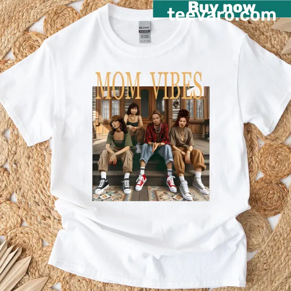 Typography-based Funny Mom Vibes t-shirt with a playful 90s theme