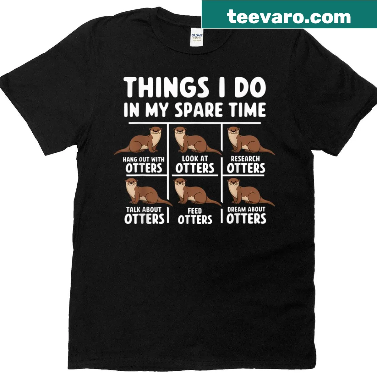Illustration of otters engaging in fun activities representing spare time — on a men's t-shirt