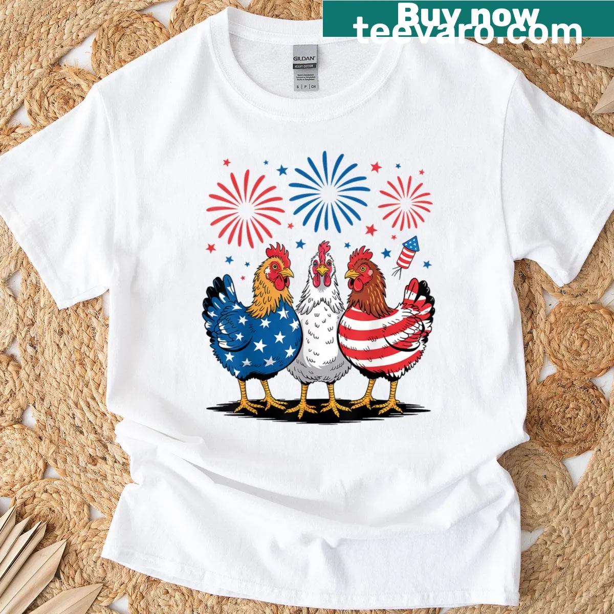 Cartoon chickens against the USA flag in a patriotic T-shirt design — on a men's t-shirt
