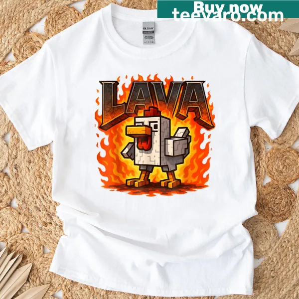 Pixelated chicken design on a gaming-themed T-shirt for kids