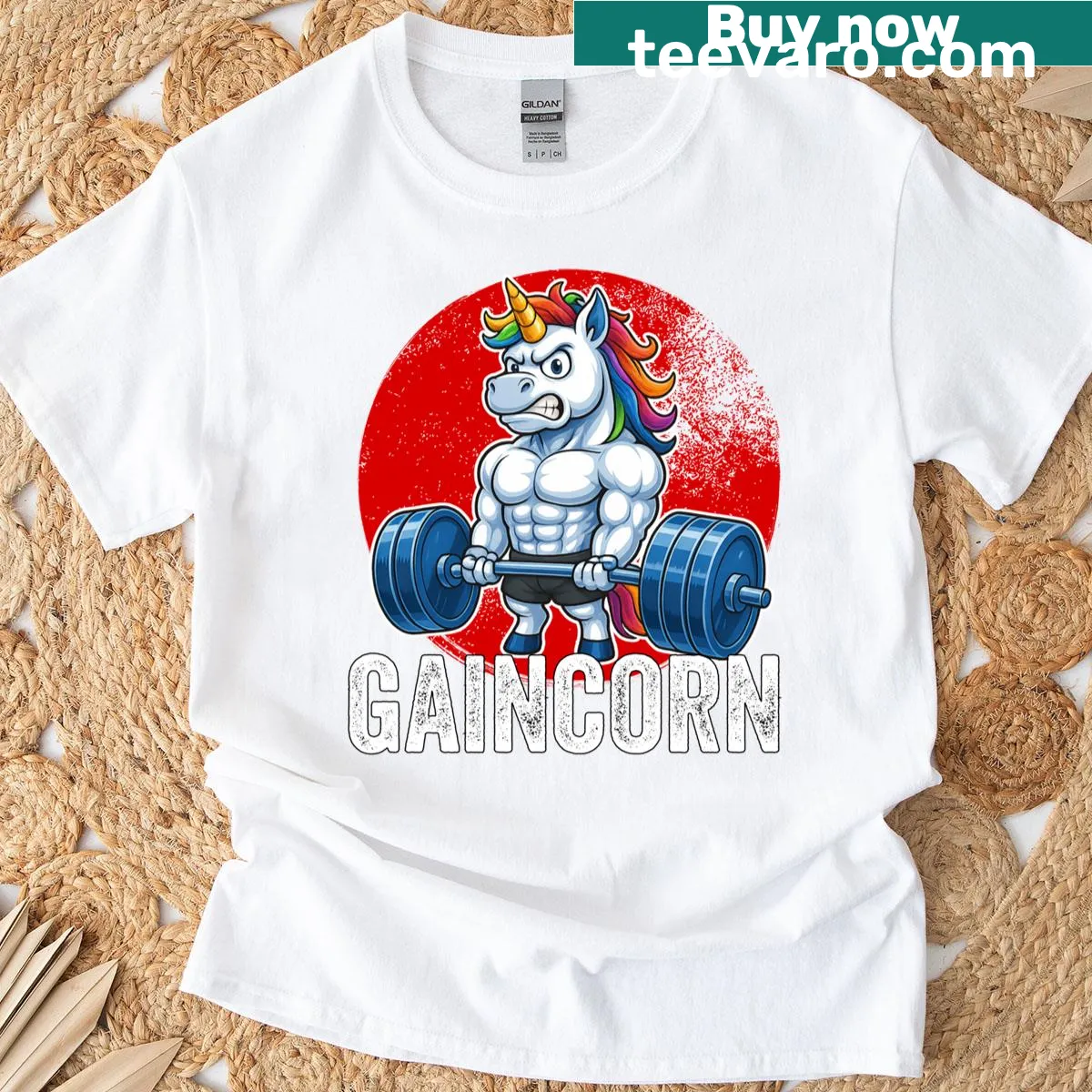 Funny unicorn lifting weights graphic on a gym t-shirt — on a men's t-shirt