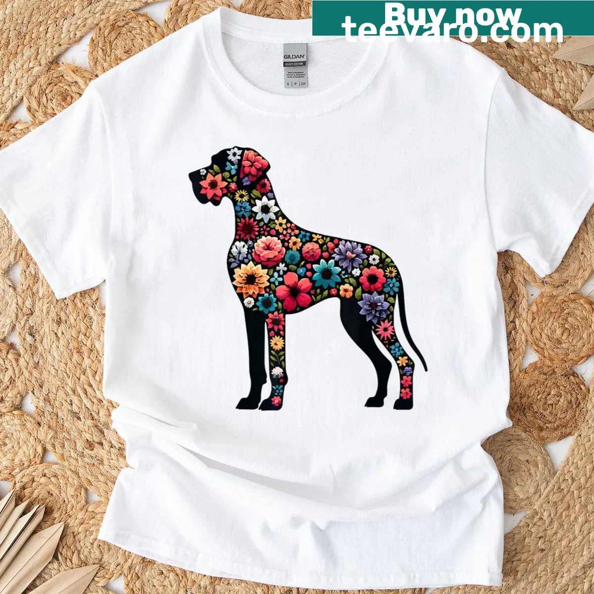 Floral silhouette of a Great Dane on T-shirt. — on a men's t-shirt