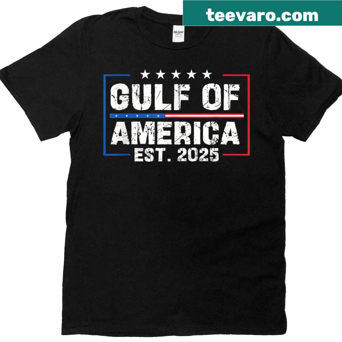Patriotic T-shirt featuring Gulf Of USA Est 2025 in a vintage style — on a men's t-shirt