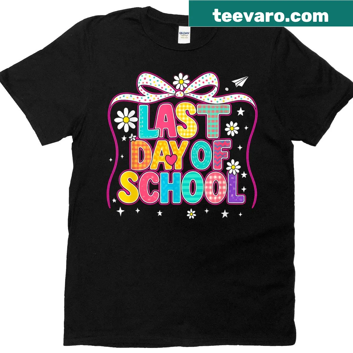 Illustrative Last Day of School t-shirt with coquette bow design — on a men's t-shirt