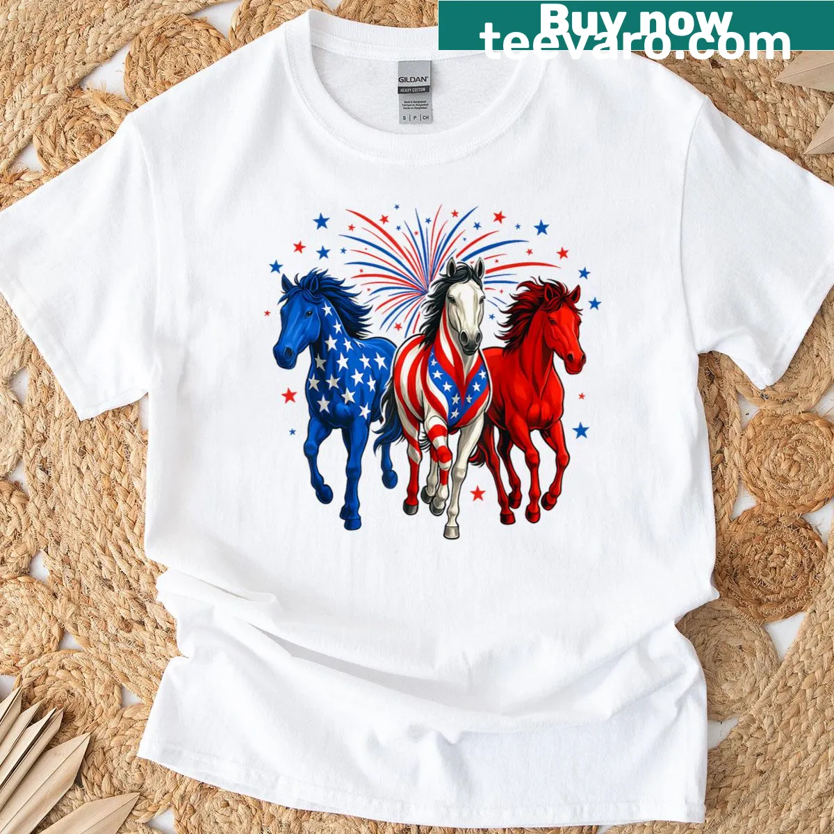 American flag design with horse-themed elements on T-shirt. — on a men's t-shirt