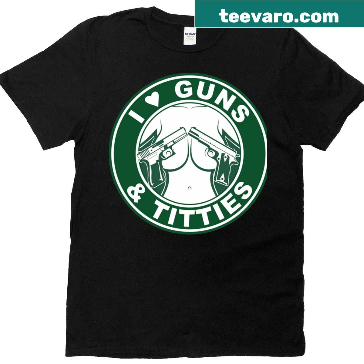 Graphic t-shirt featuring the phrase I Love Guns And Boobs — on a men's t-shirt